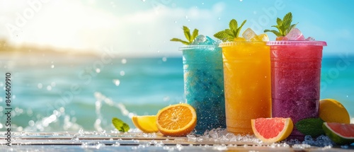 holiday sunlight vacation summer sea view cool slush with fruit juice drink various. Tropical Beach Cocktail fruit Refreshment copy space area background