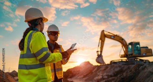 Male workers in a safety helmet holding a tablet computer working on a project in a heavy industry factory warehouse, looking away to the side and thinking about the work