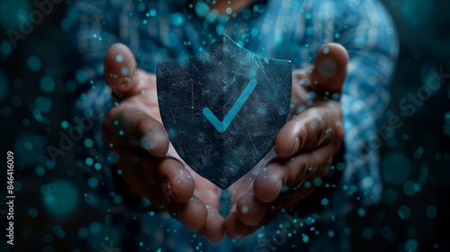 Man's Hands Holding a Shield with a Check Mark on Virtual Screen, Representing Business Technology Protection Services and Security in Internet Network Connections