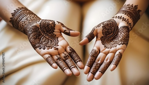 A close-up of intricate henna designs on hands 