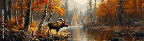 The grandeur of nature by featuring a moose in a forest setting, highlighting its presence among other forest inhabitants in a visually striking and creatively compelling manner