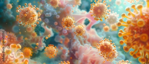 The microscopic world of pollen particles, emphasizing their role in exacerbating seasonal allergies and the importance of respiratory health in a visually striking manner