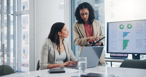 Business meeting, data analytics or women with graph presentation in office for tablet, idea or laptop collaboration. Chart, analysis or accounting team brainstorming economy, inflation or solution