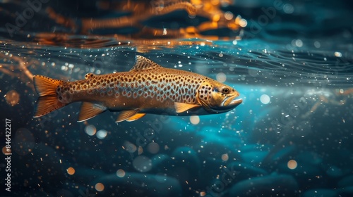 Large trout moving gracefully under the waterline in a tranquil lake, with stars twinkling in the blue night sky