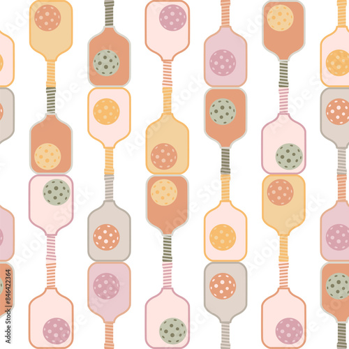 Pickleball game seamless pattern, paddle, balls in pastel colors. Cute light background. Summer sport repeat print, tennis wallpaper, textile, fabric, wrap, gift paper design. Vector illustration.