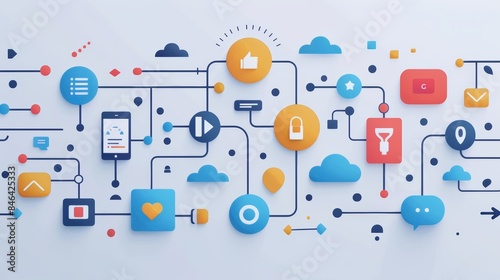 Abstract illustration of interconnected icons representing digital technology, communication, and network.