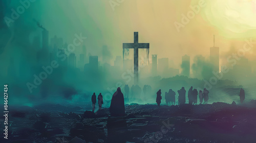 A solitary cross stands tall against a backdrop of a hazy, urban skyline. Silhouettes of people are scattered across the foreground, suggesting a sense of isolation and contemplation