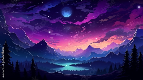 Digital Illustration of a Moonlit Mountain Valley with a Starry Sky and Colorful Twilight Clouds Reflecting on a Serene Lake