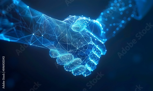 Abstract digital glowing low poly wireframe handshake on a blue background, a concept of business cooperation in the style of clothwaw king work tele 