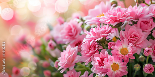 Pink daisies in full bloom, presenting a charming softness with a glowing bokeh light effect