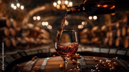 Close-Up of Wine Pouring into Glass from a Partially Opened Bottle, Set Against a Luxurious Wine Cellar Background with Wooden Barrels and Wine Racks