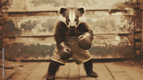 Boxer Raccoon Stands Ready in Vintage Sepia Tone