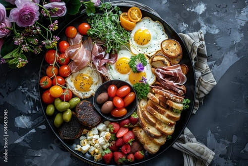 A delicious breakfast platter served on a sleek black table