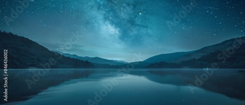 Peaceful lake at night, stars reflecting on its calm surface, creating a serene and reflective natural setting, isolated in nature