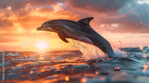 A dolphin leaping out of the water at sunset, with the horizon in view. showcasing both marine life and its majestic presence against the backdrop of a breathtaking landscape.