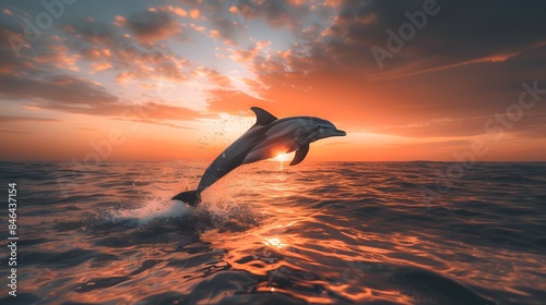 A dolphin leaping out of the water at sunset, with the horizon in view. showcasing both marine life and its majestic presence against the backdrop of a breathtaking landscape.
