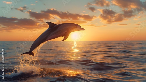 A dolphin leaping out of the water at sunset, with the horizon in view. showcasing both marine life and its majestic presence against the backdrop of a breathtaking landscape.