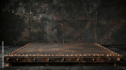 Rustic metallic platform against an industrial backdrop with a dark, textured surface, perfect for showcasing products or creating dramatic scenes.