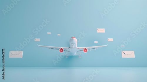 A white airplane flying towards the camera with several envelopes floating around on a light blue background symbolizing air mail and communication.