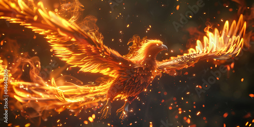 Fiery phoenix rising from the ashes symbolizing