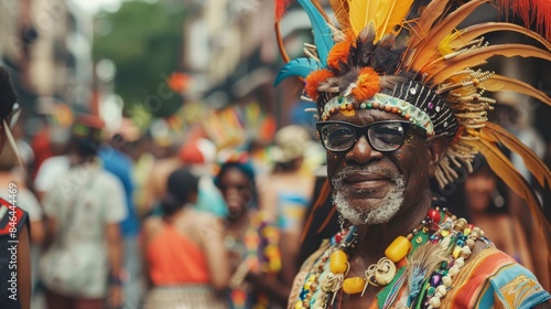 A man adorned in traditional attire, complete with colorful feathers and beads, smiles brightly during a lively street festival. The diverse crowd celebrates the rich tapestry of cultures