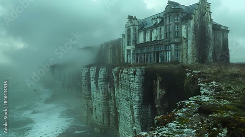 AI-generated illustration of an old, eerie English mansion perched on white cliffs overlooking a sea