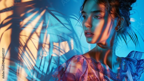 A woman in a sheer blouse stands before a backdrop of blue light, her face partially obscured by palm leaf shadows