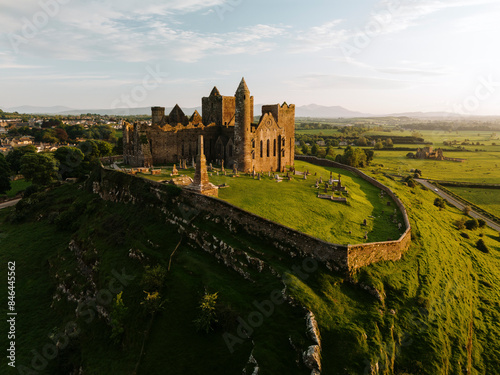 Aerial view of the Rock of Cashel, a historic landmark in County Tipperary, Ireland.