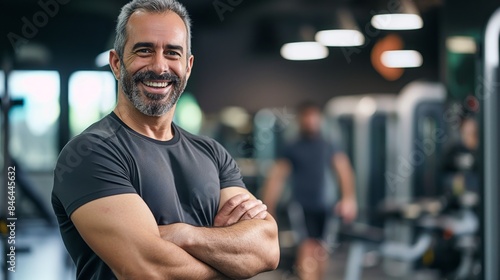 Confident Middle-Aged Male Fitness Trainer Smiling in Modern Gym Setting for Health and Wellness Design