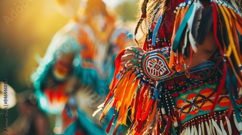 A close-up photo of a Native American dancer wearing vibrant regalia with colorful fringe and intricate beadwork at a powwow