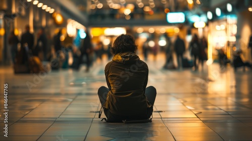 A solitary individual sits alone on the floor of a bustling public space, highlighting the feeling of social isolation