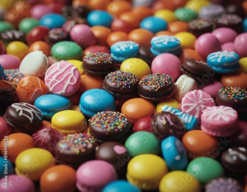 Un sacco pieno di caramelle rotonde multicolore scintilla vivacemente sotto la luce. 