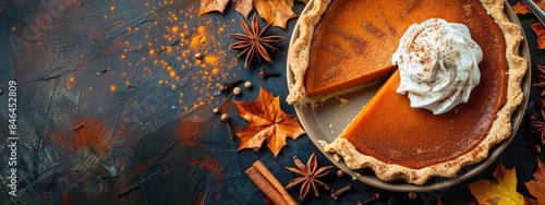 Traditional handmade pumpkin pie for a whipped cream dessert. and spices, free space