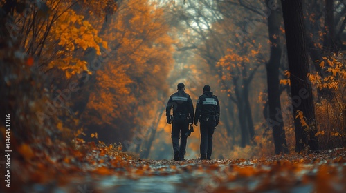 AI generated illustration of two individuals stroll through a fall forest filled with yellow foliage