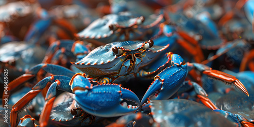 Blue crabs sitting together on a rustic wooden surface.