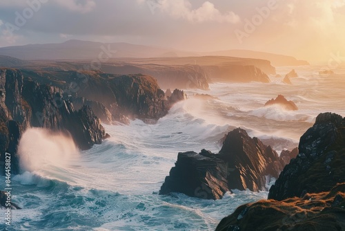 A panoramic view of a rocky coastline at sunset, featuring powerful waves crashing against rugged cliffs