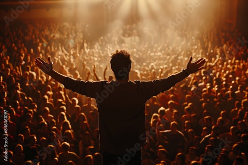 A man stands before a large crowd, arms raised in passionate proclamation of the Gospel