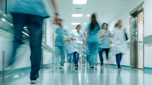 Medical staff briskly move through a hospital corridor, embodying urgency and dedication in a brightly lit healthcare setting.