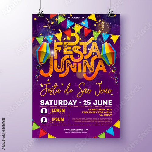 Festa Junina Party Flyer Design with Colorful Flags, Paper Lantern and Typography Letter on Purple Background. Vector Brazil June Festival Illustration for Celebration Poster or Holiday Invitation