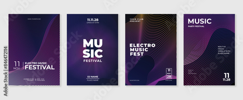 Music poster design background vector set. Electro Sound Cover template with vibrant abstract gradient line wave. Ideal design for social media, flyer, party, music festival, club.