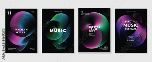 Music poster design background vector set. Electro Sound Cover template with vibrant abstract gradient line wave. Ideal design for social media, flyer, party, music festival, club.