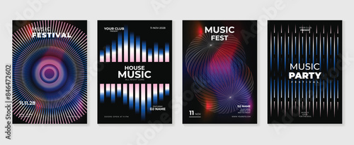 Music poster design background vector set. Electro Sound Cover template with vibrant abstract gradient line wave and geometric shape. Ideal design for social media, flyer, party, music festival, club.
