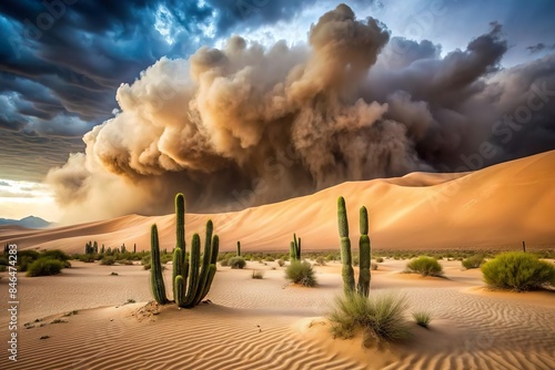 sandstorm approach in dry desert landscape