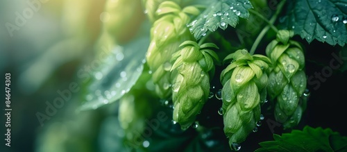 Ripe green hop cone plantation with morning dew drops.