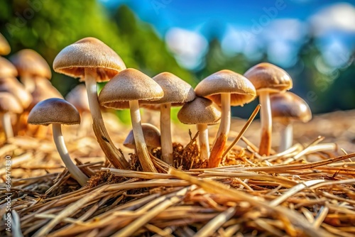 straw mushroom cluster grow in sunlight outdoor farm