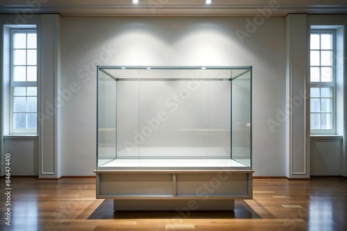 empty blank glass display case in museum. Artifact exhibition event