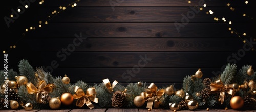 Christmas composition of their fir branches decorated with gold and silver bows Copy space on dark wooden background Festive layout with place for text