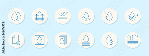 Water set icon. Drops, absorption, moisture, impermeability, permeability, layers, wetness. Water management, fluid dynamics, hydrology concept.