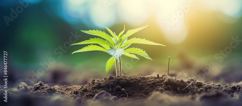 Early in the spring a small marijuana plant with medicinal properties sprouted from the ground its green sprout symbolizing the beginning of the cannabis breeding process Copy space image