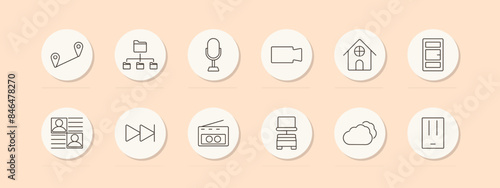 Multimedia set icon. Route, sitemap, microphone, camcorder, home, bookshelf, contacts, fast forward, radio, cloud. Media, technology, entertainment concept. Vector line icon on peach background.